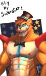 abs adrovmike anthro barazoku biceps big_muscles blue_eyes bodypaint bow_tie brown_body brown_fur clothing countershade_face countershade_fur countershade_torso countershading dialogue ear_piercing ear_ring english_text face_paint five_nights_at_freddy&#039;s five_nights_at_freddy&#039;s:_security_breach fur glamrock_freddy_(fnaf) glistening glistening_eyes hat headgear headwear hi_res male mammal muscular muscular_anthro muscular_male nipples one_eye_closed open_mouth open_smile pecs piercing scottgames shoulder_pads smile solo star talking_to_viewer tan_body tan_countershading tan_fur teeth text tongue top_hat ursid video_games wink 