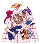  1girl 2boys alcohol blanket bottle diavolo dress_shirt family father_and_daughter green_eyes hat highres indian_style jojo_no_kimyou_na_bouken long_skirt multiple_boys necktie picnic picnic_basket pink_hair plaid plaid_skirt polka_dot_hair purple_hair seiza sempon_(doppio_note) shirt short_ponytail shorts sitting skirt sun_hat trish_una vento_aureo vinegar_doppio wine wine_bottle 