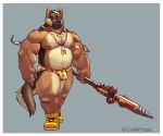  2022 anthro belly brown_body brown_fur bulge canid canine canis closetvoid clothing domestic_dog fur hi_res humanoid_hands male mammal moobs musclegut nipples overweight overweight_male simple_background solo underwear weapon 