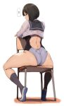  1girl alp arched_back ass black_hair black_legwear black_sailor_collar blue_eyes chair commentary_request cropped_shirt from_behind highres kneehighs legs looking_at_viewer looking_back one-piece_swimsuit original sailor_collar school_uniform serafuku shoes short_hair sitting solo swimsuit thighs translation_request white_background white_footwear 