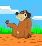  anthro butt canid canine canis domestic_dog duck_hunt duck_hunt_dog jamal_void_everycandyheart looking_at_viewer male mammal nintendo presenting presenting_hindquarters simple_background sitting size_difference slightly_chubby smaller_male solo video_games 