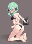  1girl absurdres aqua_eyes aqua_hair ass bangs barefoot blue_eyes blue_hair breasts embarrassed eyebrows_visible_through_hair from_behind hair_ornament hairclip highres looking_at_viewer nervous ohihil open_mouth panties short_hair simple_background sinon solo sports_bra sword_art_online thong underwear 