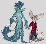  animal_humanoid anthro big_ears blue_body blue_skin blue_tail brown_body brown_fur brown_tail canid canine duo elranno eye_contact fennec fennec_boy_(elranno) fish fish_boy_(elranno) fish_humanoid flannel_shirt fox frill_(anatomy) fur gills hand_holding humanoid looking_at_another male male/male mammal marine marine_humanoid size_difference yellow_eyes yellow_sclera 
