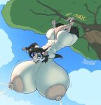  2016 anthro areola artist_name big_breasts big_butt biped black_hair bodily_fluids breasts butt dawmino didelphid female hair hanging_breasts hanging_by_tail hanging_from_branch hi_res huge_breasts hyper hyper_breasts lactating mammal marsupial milk nipples nude onomatopoeia outside plant short_stack solo sound_effects story story_in_description text tree upside_down 