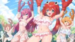  &gt;_&lt; 6+girls :d :o ^_^ arm_up arthropod_girl bandaged_arm bandaged_leg bandages bikini blue_eyes blush blush_stickers breasts brown_hair choker claws closed_eyes cloud commentary crab_girl crab_rave_(meme) english_commentary fang frilled_bikini frills green_eyes hands_up highres large_breasts meme midriff multiple_girls navel original outdoors personification purple_hair rayno red_hair sarong scarf side-tie_bikini small_breasts smile strapless strapless_bikini sweat swimsuit thigh_gap tree twintails upper_body white_bikini white_sarong 