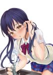  1girl absurdres adjusting_hair bangs blue_hair blue_skirt blush bow bowtie commentary_request dress_shirt hair_tucking hand_in_hair highres leaning_forward long_hair looking_at_viewer love_live! love_live!_school_idol_project open_mouth otonokizaka_school_uniform plaid plaid_skirt pleated_skirt red_neckwear school_uniform shirt short_sleeves simple_background skirt solo sonoda_umi standing summer_uniform sweater_vest swept_bangs white_background white_shirt yellow_eyes 