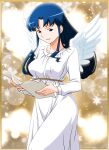  1990s_(style) 1girl bangs blue_eyes blue_hair cowboy_shot feathered_wings fujiwara_aya holding holding_paper long_hair long_sleeves non-web_source official_art paper retro_artstyle solo super_real_mahjong white_wings wings 