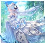  1girl breasts draph dress elbow_gloves flower from_behind gloves granblue_fantasy hair_flower hair_ornament hat highres horns izmir kirika_(nutsmoon) large_breasts long_dress long_hair looking_back mole mole_under_mouth pointy_ears red_eyes silver_hair twitter_username 
