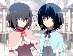  2girls another black_hair blue_dress blue_ribbon braid commentary_request dress eyepatch fujioka_misaki hand_on_another&#039;s_back indoors looking_at_another misaki_mei multiple_girls neck_ribbon nyoro_(nyoronyoro000) parted_lips pink_dress red_eyes red_ribbon ribbon short_hair siblings smile twins 