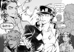  gakuran greyscale hat jojo_no_kimyou_na_bouken joseph_joestar joseph_joestar_(old) kakyoin_noriaki kujo_jotaro mohammed_avdol monochrome one_eye_closed phone rero_rero rubber_soul runaway_girl_(jojo) school_uniform sempon_(doppio_note) slime_(substance) sparkle stardust_crusaders sweatdrop yellow_temperance 