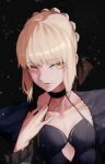 1girl artoria_pendragon_(fate) bangs black_background black_bow black_choker blonde_hair bow breasts choker chorogon cleavage collarbone eyebrows_visible_through_hair fate/stay_night fate_(series) hair_bow highres long_sleeves open_mouth saber_alter shiny shiny_hair sidelocks small_breasts solo tied_hair upper_body yellow_eyes 