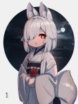  1girl :o absurdres animal_ear_fluff animal_ears bangs blush commentary_request eyebrows_visible_through_hair fox_ears fox_girl fox_tail full_moon grey_hair hair_over_one_eye highres japanese_clothes kimono kuro_kosyou long_sleeves looking_at_viewer moon obi open_clothes original own_hands_together parted_lips red_eyes sash short_eyebrows solo tail thick_eyebrows white_kimono wide_sleeves 