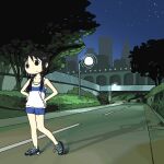  1girl alternate_costume black_eyes black_hair chito_(shoujo_shuumatsu_ryokou) closed_mouth collarbone eli_(chibitoad) expressionless eyebrows_visible_through_hair highres lamppost long_hair looking_away low_twintails night outdoors photo-referenced road shadow shoujo_shuumatsu_ryokou solo twintails 