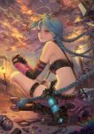  1girl absurdres ammunition arm_tattoo bandaid bandaid_on_knee bandolier bangs black_footwear blue_hair boots braid bullet cloud cloudy_sky crop_top elbow_gloves fingerless_gloves fishbones_(jinx) flat_chest floating_hair from_side full_body gatling_gun gloves grey_sky gun hayanpool highres holstered_weapon jinx_(league_of_legends) lamppost league_of_legends long_hair looking_afar minigun missile own_hands_together parted_lips pink_eyes pink_nails purple_shorts rocket rocket_launcher short_shorts shorts signature sky solo squatting tattoo tears thigh_strap twin_braids very_long_hair weapon 