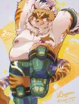  2022 anthro belly bottomwear bulge clothing felid green_eyes hi_res hombretigre humanoid_hands kemono lagoon_bluebear lifewonders male mammal moobs navel nipples overweight overweight_male pantherine shorts solo tiger tokyo_afterschool_summoners tongue tongue_out video_games 