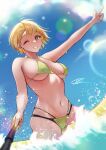 bangs bikini blonde_hair breasts brown_eyes c_(theta) day eyebrows_visible_through_hair fukuda_noriko highres holding holding_stick idolmaster idolmaster_million_live! large_breasts looking_at_viewer multi-strapped_bikini multi-strapped_bikini_bottom one_eye_closed outstretched_arm parted_lips selfie_stick short_hair signature stick swimsuit water 