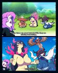  anthro bent_over big_breasts blush breasts brown_body brown_feathers butter_sugoi cassandra_lovecraft cleavage clothed clothing comic dialogue feathers featureless_breasts female group hi_res hisuian_decidueye hisuian_samurott hisuian_typhlosion plant tree 