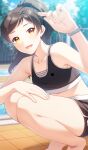  1girl :d bare_arms bare_legs barefoot bikini bikini_shorts black_bikini black_shorts blurry blurry_foreground bracelet brown_hair collarbone day hand_on_own_knee high_ponytail idolmaster idolmaster_million_live! jewelry kitazawa_shiho long_hair looking_at_viewer outdoors poolside shiny shiny_hair short_shorts shorts smile solo sports_bikini squatting swimsuit touon yellow_eyes 