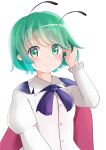  1girl adda antennae bangs black_cape cape closed_mouth eyebrows_visible_through_hair green_eyes green_hair hand_in_hair highres long_sleeves looking_at_viewer shirt short_hair simple_background smile solo touhou upper_body white_background white_shirt wriggle_nightbug 