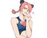  1girl bare_shoulders black_hair braid chin_stroking double_bun green_eyes halter_top halterneck heart jojo_no_kimyou_na_bouken jojo_pose kujo_jolyne midriff multicolored_hair pose red_hair sempon_(doppio_note) smirk solo stone_ocean two-tone_hair 