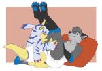  anthro bandai_namco blue_body blue_fur canid canine canis carnival-tricks claws diaper diaper_bulge digimon digimon_(species) digital_media_(artwork) dry_humping erection erection_in_diaper eyes_closed from_front_position fur gabumon gloves_(marking) grey_body grey_fur grinding hands_on_legs horn leg_markings legs_up looking_pleasured lying male male/male mammal markings missionary_position on_back open_mouth pawpads pillow sex sharp_teeth simple_background size_difference small_dom_big_sub socks_(marking) teeth wolf yellow_body zyer 