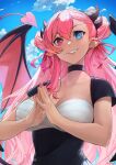  1girl black_choker blue_eyes blue_sky breasts choker cleavage day demon_girl demon_tail demon_wings double_bun fang fingernails heterochromia highres horns large_breasts long_hair looking_at_viewer nail_polish outdoors own_hands_together pink_eyes pink_hair pink_nails sky smile solo tail unsomnus upper_body wings 