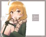  1girl ahoge bandaid bandaid_on_face blush box coat eyebrows_visible_through_hair gift gift_box green_coat hair_between_eyes highres holding holding_gift kantai_collection light_brown_hair long_sleeves ma_rukan oboro_(kancolle) open_mouth scarf short_hair signature smile solo upper_body yellow_eyes 