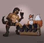 anthro blush bottomwear canid canine clothing duo feet foot_fetish foot_focus foot_hands fox hi_res hindpaw hyaenid key male male/male mammal pawpads paws plantigrade restraints shorts stocks yaoifairy 