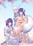  animal_ear_fluff animal_ears beiyi dress flower fox fox_ears fox_girl fox_tail genshin_impact hair_flower hair_ornament japanese_clothes kimono kitsune kyuubi looking_at_viewer makoto_(genshin_impact) multiple_tails pink_hair purple_dress purple_eyes purple_hair raiden_shogun tail white_tail yae_(genshin_impact) 