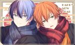  2boys aoyagi_touya black_jacket blue_hair blue_scarf closed_mouth earrings green_eyes grey_eyes highres jacket jewelry looking_at_viewer male_focus mole mole_under_eye multicolored_hair multiple_boys orange_hair parted_lips project_sekai red_scarf scarf sekina shinonome_akito smile two-tone_hair upper_body 