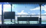  artist_name blue_sky blue_theme chain-link_fence chair cloud commentary_request dated day english_text fence letterboxed light_rays no_humans original overhead_line scenery sign signature sky sunlight train_station train_station_platform waisshu_(sougyokyuu) 