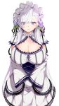  1girl alternate_costume azur_lane bangs belfast_(azur_lane) breasts choker cleavage commentary_request dress flower frilled_choker frills gloves hair_flower hair_ornament highres large_breasts long_hair looking_at_viewer maid maid_headdress own_hands_together purple_eyes raru_(nanaharararu) skirt standing very_long_hair white_background white_dress white_gloves white_hair white_skirt wide_sleeves 