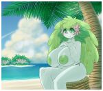  absurd_res anthro beach big_breasts bikini bikini_bottom breasts clothed clothing detailed_background female hi_res huge_breasts legendary_pok&eacute;mon nintendo palm_tree plant pok&eacute;mon pok&eacute;mon_(species) seaside shaymin side-tie_bikini sitting snackbunnii solo swimwear topless tree video_games white_body 