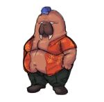  2022 anthro anvel belly brown_body clothing hat headgear headwear hiroshi_odokawa_(odd_taxi) male mammal marine moobs navel odd_taxi overweight overweight_male pinniped simple_background solo t_t_792 walrus white_background 