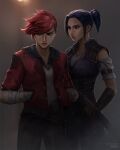  2girls arcane:_league_of_legends arm_strap artist_name bandaged_arm bandages blue_hair caitlyn_(league_of_legends) cheesewoo closed_mouth facial_tattoo fog gun hands_in_pockets highres holding holding_gun holding_weapon jacket league_of_legends lips looking_ahead looking_to_the_side multiple_girls nose_piercing piercing pink_hair ponytail purple_vest red_jacket rifle short_hair tattoo vest vi_(league_of_legends) weapon 