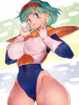  1girl aqua_hair armor blue_eyes breasts bulma covered_navel covered_nipples cowboy_shot dragon_ball dragon_ball_z fumio_(rsqkr) gloves hairband highres large_breasts leotard looking_at_viewer multicolored_background saiyan_armor short_hair shoulder_armor smile solo thighs white_gloves 