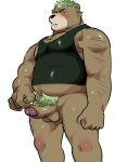  2019 absurd_res anthro ashigara balls belly blush bodily_fluids clothing erection genitals hi_res humanoid_hands kemono lifewonders male mammal overweight overweight_male penis pubes shirt simple_background solo sweat tokyo_afterschool_summoners topwear ujishiyo ursid video_games white_background 