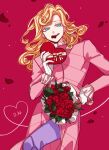  1boy blonde_hair blue_eyes bouquet chocolate curly_hair flower frilled_sleeves frills funny_valentine gloves jojo_no_kimyou_na_bouken long_hair male_focus mouth_hold namesake padded_shirt pun red_flower red_rose rose sempon_(doppio_note) solo steel_ball_run valentine white_gloves 