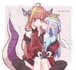  2girls ^^^ ahoge amane_kanata angel_wings asymmetrical_hair bangs bare_shoulders beige_background black_legwear blue_hair blunt_bangs blush bow closed_eyes colored_inner_hair controller diagonal-striped_bow dragon_girl dragon_horns dragon_tail eyebrows_visible_through_hair fang feathered_wings flapping game_controller halo hand_on_another&#039;s_cheek hand_on_another&#039;s_face hololive horn_bow horn_ornament horns indian_style jacket kiryu_coco kiss long_hair long_sleeves mini_wings motion_lines multicolored_hair multiple_girls natataebi off_shoulder orange_hair pointy_ears pp_tenshi_t-shirt purple_eyes red_eyes silver_hair sitting sitting_on_lap sitting_on_person skin_fang star_halo streaked_hair striped striped_bow sweatdrop tail thighhighs track_jacket two-tone_background virtual_youtuber white_background white_wings wings yuri 