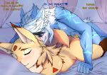  2015 alphina anthro anthro_on_anthro bed blue_body blue_scales blue_skin blush breasts brown_body brown_fur brown_hair canid canine claws dialogue dragon duo english_text eyes_closed female female_penetrated fluffy fluffy_tail from_front_position fur furniture genitals hair inside interspecies looking_pleasured male male/female male_penetrating male_penetrating_female mammal markings multicolored_hair nude open_mouth open_smile penetration penis red_body red_fur scales scalie sincrescent smile teeth text two_tone_hair white_body white_fur white_hair white_scales white_skin wolflong_(character) yellow_body yellow_fur 