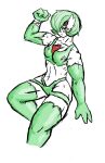  3_fingers abs armwear bandage biceps bodily_fluids clothing elbow_gloves female fingers gardevoir gloves green_hair hair handwear hi_res legwear looking_at_viewer muscular muscular_female nintendo pok&eacute;mon pok&eacute;mon_(species) red_eyes serth solo sweat thigh_highs thigh_up torn_clothing video_games white_body white_skin 