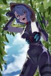  1girl :d ayanami_rei blue_hair blue_sky bodysuit cloud cucumber evangelion:_3.0+1.0_thrice_upon_a_time food from_below hand_up hat highres holding holding_food looking_at_viewer multicolored_bodysuit multicolored_clothes neon_genesis_evangelion open_mouth outdoors plugsuit rebuild_of_evangelion red_eyes short_hair skin_tight sky smile solo standing straw_hat tree tree_shade yagisawa_teru 