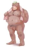  2019 absurd_res anthro ashigara balls belly blush brown_body erection genitals hi_res humanoid_genitalia humanoid_hands humanoid_penis kemono lifewonders male mammal moobs navel nipples overweight overweight_male penis simple_background solo tokyo_afterschool_summoners towel towel_around_neck ujishiyo ursid video_games white_background 