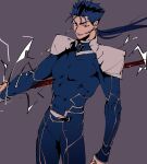  1boy armor blue_hair cu_chulainn_(fate) cu_chulainn_(fate/stay_night) earrings fate_(series) gae_bolg_(fate) highres holding holding_weapon jewelry long_hair male_focus mifts09 polearm ponytail red_eyes solo sparks spear weapon 
