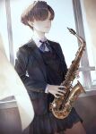  1girl alto_saxophone bangs blazer blonde_hair blue_eyes bow closed_mouth commentary_request hair_over_one_eye highres holding holding_instrument indoors instrument jacket kaoming long_sleeves original pleated_skirt saxophone school_uniform short_hair skirt solo sweater_vest 