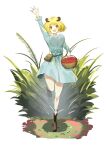  1girl :d absurdres arm_up awmin basket blonde_hair bouncing_breasts breasts brown_footwear character_request flower full_body grass highres horns large_breasts original pouch smile solo standing standing_on_one_leg yellow_eyes 