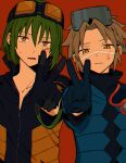  2boys bangs blue_coat brown_eyes brown_hair cail_(pokemon) closed_mouth coat collarbone commentary_request gloves goggles goggles_on_head green_hair hand_up highres ittumozzz looking_at_viewer male_focus multiple_boys orange_eyes outstretched_arm pokemon pokemon_(game) pokemon_colosseum red_background scrape short_hair shoulder_pads simple_background upper_body v wes_(pokemon) zipper 