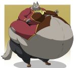  2017 anthro ascot belly big_belly bodily_fluids bottomwear canid canine canis claws clothed clothing coat fangs footwear fur grey_body grey_fur grimoire_of_zero head_turned hectorthewolf holdem hyper hyper_belly looking_away male mammal navel obese obese_anthro obese_male overweight overweight_anthro overweight_male pants shirt shoes solo standing sweat teeth topwear torn_clothing wolf 