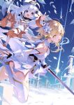  2girls :o ahoge arm_up bangs bare_shoulders black_gloves blonde_hair blue_cape blue_eyes blue_sky blush breasts cape capelet clear_sky commentary_request constellation dress eyelashes floating flower flying gauntlets genshin_impact gloves grey_eyes hair_between_eyes hair_flower hair_ornament halo highres holding holding_sword holding_weapon koka_(rikku-file) long_hair looking_at_viewer lumine_(genshin_impact) mechanical_halo multiple_girls open_mouth outstretched_arm paimon_(genshin_impact) pillar puffy_sleeves short_hair sideboob sidelocks silver_hair sky sword thighhighs thighs weapon white_dress white_flower white_hair white_legwear yellow_eyes 