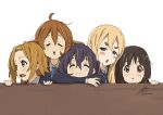  5girls :3 :o akiyama_mio bangs black_hair blonde_hair blue_jacket blue_ribbon blush blush_stickers brown_hair closed_eyes closed_mouth commentary_request crossed_arms eyebrows_behind_hair fadingz hair_between_eyes hair_ornament hairband hairclip half-closed_eyes hirasawa_yui jacket k-on! kotobuki_tsumugi long_hair long_sleeves looking_afar looking_at_viewer medium_hair multiple_girls nakano_azusa neck_ribbon open_mouth parted_bangs parted_lips ribbon short_hair signature simple_background smile table tainaka_ritsu teeth twintails upper_body upper_teeth white_background yellow_hairband 